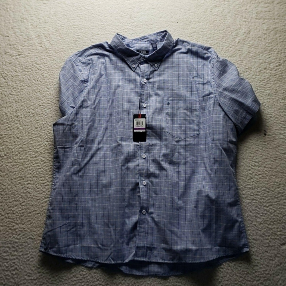 IZOD Shirt Mens 2XL Blue Plaid Short Sleeve Cotton Blend Button-Up Casual